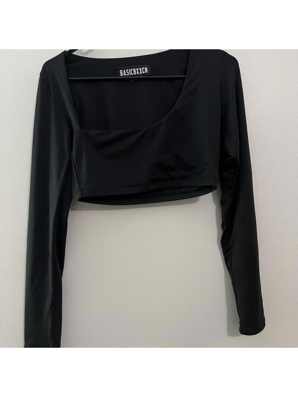 Asymetrical Black Long Sleeved Crop Top